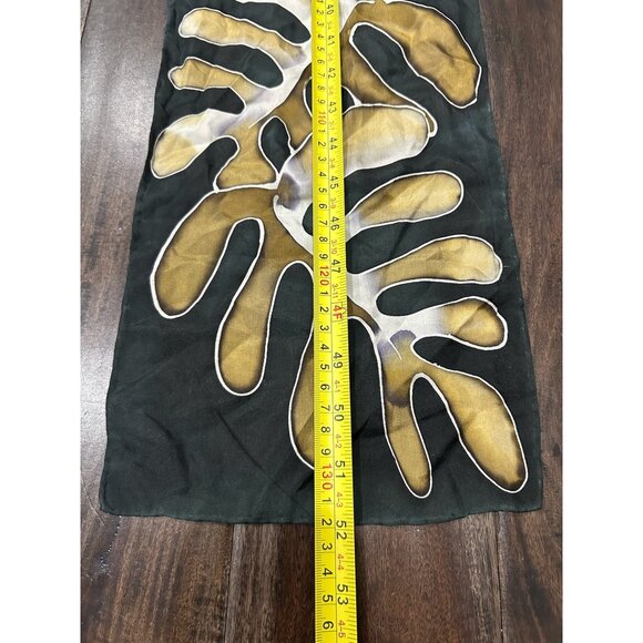 Hand Painted Scarf With Leaf Design Black Gold Rectangular Shawl Wrap Comfy - Picture 5 of 8